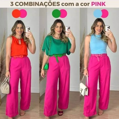 Fucsia Outfit Combination, Fucsia Pants Outfit, Pantalon Rosa Outfit, Pink Trousers Outfit, Pink Pants Outfit, Look Office, Colour Combinations Fashion, Color Combos Outfit, Color Blocking Outfits