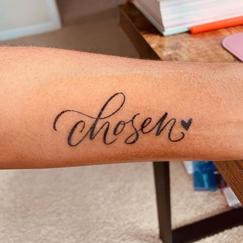 Cierra I Lettering Artist on Instagram: "I had the opportunity to do another tattoo recently. Tattoo designs are the most nerve wracking and humbling projects I get commissions for. The idea that someone loves my style enough to permanently place it on my body is such an honor. . How many tattoos do you have? . . . #tattoo #tattoodesigns #chosen #tatooideas #tattoodesigner #handlettering #handlettered #brushletter #brushlettering #script #calligraphy #calligraphylettering #moderncalligraphy #mo Spiritual Tattoo Ideas, Mrs Tattoo, Back Of Hand Tattoos, Many Tattoos, Enough Tattoo, Scripture Tattoos, Spiritual Tattoo, Bible Tattoos, Verse Tattoos