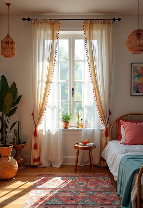 Boho Bedroom Curtains ideas Modern Boho Curtains Bedroom, Boho Room Curtains, Boho Curtain Ideas For Living Room, Boho Closet Curtains, Boho Curtains Bedroom Bohemian Style, Boho Curtain Ideas, Boho Curtains Living Room, Bedroom Curtain Ideas, Bedroom Bohemian