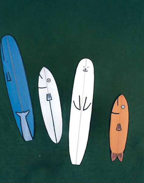 A collaboration between the designer and surfboard company Fernand sees a series of surfboards transformed into minimalistic whales and fish. Jean Julien, Surfboard Art Design, Fish Surfboard, Mother Design, Surfboard Painting, Jean Jullien, Happy Whale, Hawaii Art, Wax Art