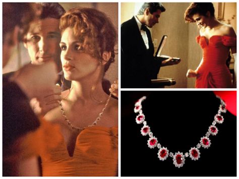 Iconic Ruby wreath necklace by jeweler Fred Joaillier in sleepover classic, "Pretty Woman." Jewelry From Movies, Pretty Woman Necklace, Pretty Woman Movie Stills, Pretty Woman Necklace Scene, Old Hollywood Necklace, Barbie Movie Chanel Necklace, Period Dresses, Iconic Jewelry, Wreath Necklace