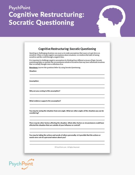 Help clients build healthier coping skills for negative thoughts with the  Cognitive Restructuring: Socratic Questioning Worksheet. Socratic Questioning, Counselling Activities, Cognitive Distortions Worksheet, Cognitive Restructuring, Stages Of Change, Future Therapist, Group Therapy Activities, Psych 101, Cbt Worksheets