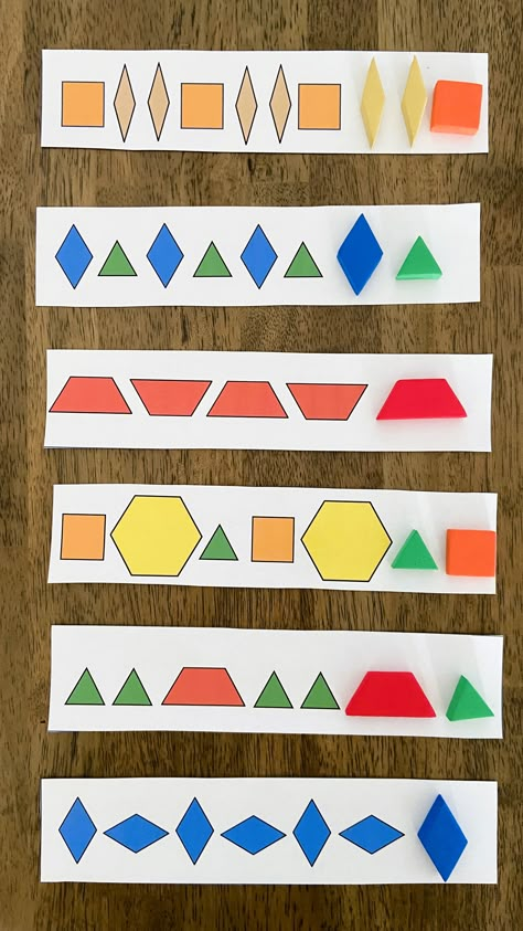 patterning activities Shapes First Grade Activities, Pattern Teaching Ideas, First Grade Pattern Activities, Color Centers For Kindergarten, Shapes And Patterns Activities, Montessori Pattern Activities, Pattern Lessons For Kindergarten, Pattern Math Activities, Kindergarten Patterning Centres