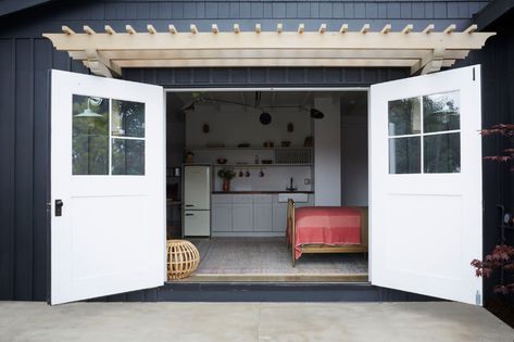 From Garage to Guest House: A Stylish ADU in LA by Allprace Properties Garage Into A Bedroom, Garage To Apartment, Garage Adu, Beveled Subway Tile, House Flipper, Garage Guest House, Converted Garage, House Flippers, Flip House