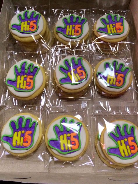 Hi-5 sugar cookies Hi Five Birthday Cookies, Hi5 Birthday Party Ideas, High Five Birthday Party Cake, Hi 5 Birthday Party Ideas For Boys, High 5 Birthday Party Theme Boy, Hi Five Birthday Cake, Hi 5 Birthday Party Ideas, 5 Birthday Party Ideas, Hi Five Birthday Party Ideas