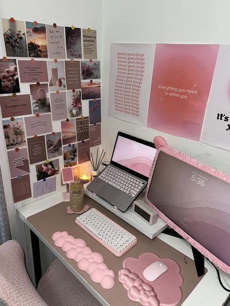 Workspace Setup Addicts | When your desk is as soft as your hustle | Facebook Wfh Aesthetic Setup, Journaling Desk Work Spaces, Desk Job Aesthetic, Pink Work Desk, Girly Desk Setup, Cozy Office Space At Work, Work Desk Aesthetic Office, Desk Astethic, Teacher Desk Setup