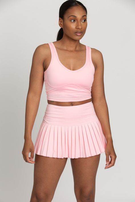 Baby Pink Pleated Tennis Skirt – Gold Hinge Cheap Pink Crop Top For Sports, Pink Top Gold Skirt, Cheap Pink Sports Crop Top, Cheap Pink Athletic Crop Top, Cheap Pink Athleisure Crop Top, Goldhinge Tennis Skirt, Pink Tennis Skirt Outfit, Gold Hinge Skirt, Tennis Skirt Outfit