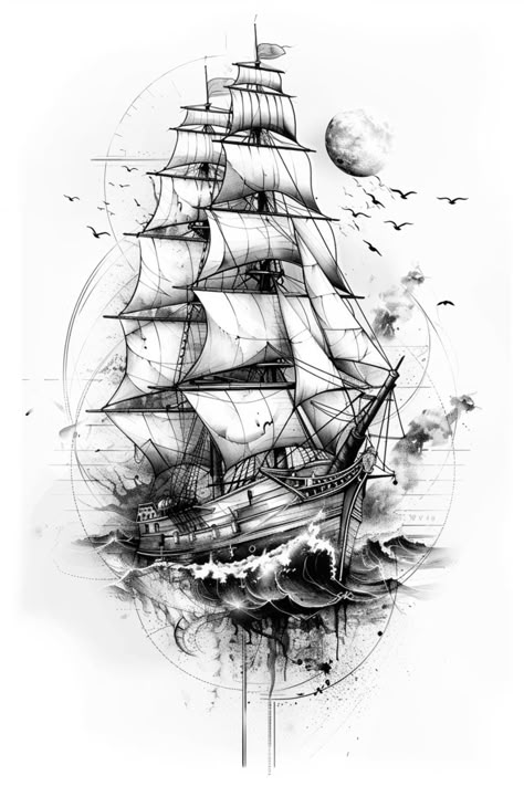 Pirate Ship Tattoo Drawing, Tattoo Ocean Theme, White Dove Tattoos, Fnaf Tattoo, Viking Ship Tattoo, Pirate Ship Drawing, Pirate Ship Tattoos, Ship Sketch, Nautical Tattoo Sleeve