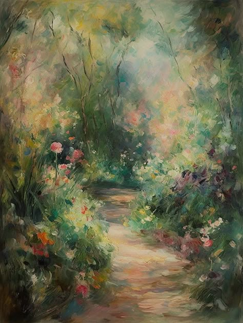 French Country Art A Summer Morning Walk Impressionist Garden Art Floral Painting DIGITAL DOWNLOAD - Etsy Impressionist Digital Art, Old Oil Paintings Aesthetic, French Art Paintings, Calming Paintings, March Painting, French Countryside Aesthetic, Modern Impressionist Art, Vintage Painting Ideas, Impressionist Paintings Landscape