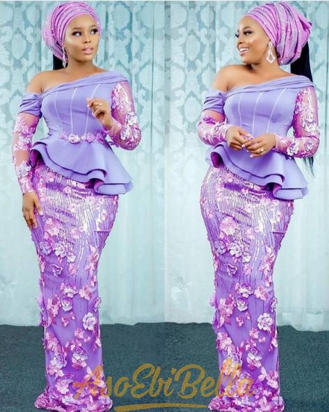 Purple Aso Ebi, Evening Dresses Purple, Latest Lace Styles, Long Sleeve Mermaid Prom Dress, Lace Skirt And Blouse, Nigerian Lace Dress, Aso Ebi Lace, Puffy Long Sleeves, Aso Ebi Lace Styles