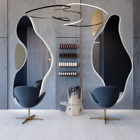 Beauty salon interior design on Behance Women's Beauty Salon Design, Salon Mirror Decor, Unique Salon Design, Salon Mirror Design, Hair Shop Ideas Interior Design, Cosmetic Salon Interior, Luxury Salon Design, Beauty Room Decor Salon, Luxury Salon Interior Design