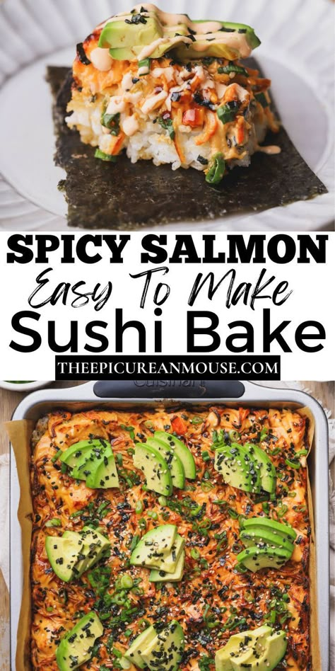 Sushi Bake Bowl, Easy Meal Prep Recipes With Few Ingredients, Healthy Summer Dinner Recipes Gluten Free, Sweet Egg Sushi, Healthy Salmon Sushi Bake, Crispy Salmon Sushi Bowl, Salmon Bowl With Seaweed, Salmon Spicy Mayo, Salmon Seaweed Bites