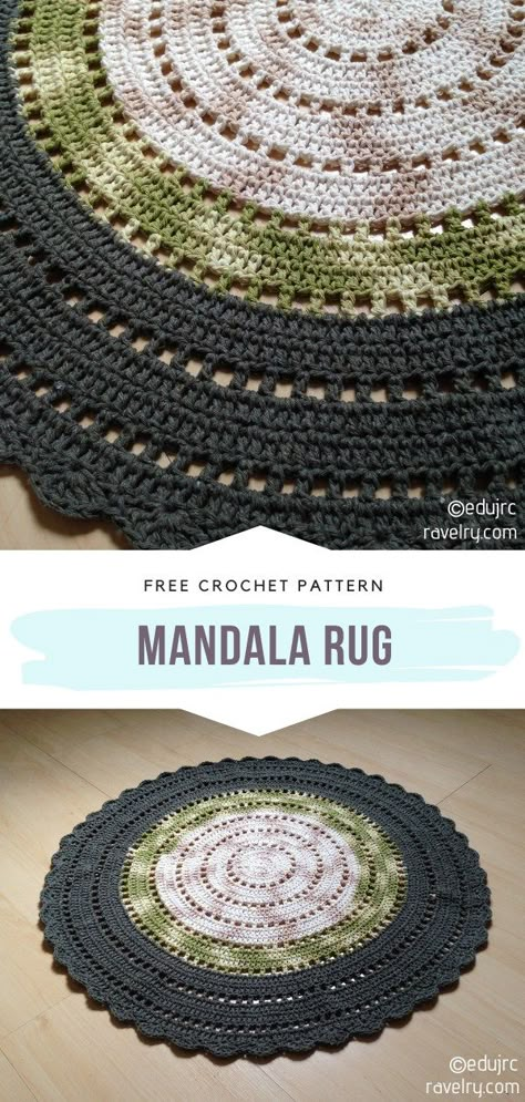 Small Crochet Rug Pattern Free, Free Circle Blanket Crochet Patterns, Boho Crochet Rug Patterns Free, Mandala Rug Crochet, Free Crochet Rug Patterns Simple, Crochet Mats Floor, Crochet Floor Rug Pattern, Mandala Crochet Rug Free Pattern, Crochet Patterns Rug