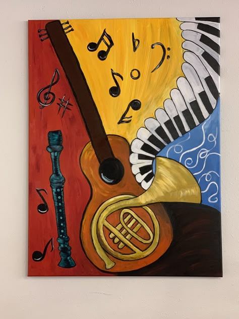 Paintings Related To Music, Musical Instruments Art Drawing, Music Theme Art, Music Themed Paintings, Music Drawings Creative, Painting Music Ideas, Music Painting Ideas Easy, Music Instrument Painting, Musical Instrument Drawing