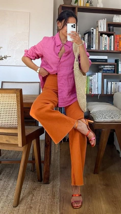 Colourful Shirts Outfits, Summer Orange Pants, Colorful Combinations Outfits, Orange Professional Outfits, Coral Button Up Shirt Outfit, Orange Trousers Outfit Color Combos, Orange Trousers Outfit Summer, Pink Dress Shirt Women Outfit, Bright Blue Top Outfit Ideas