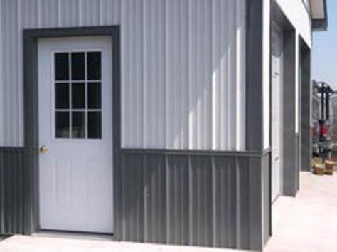 two-tone siding Two Tone Metal Building, Tin Siding House, Metal Building Colors, Roof Tiles Design, Pharmacy Building, Metal Siding House, Metal Pole Barns, Siding Styles, Pole Barn Garage