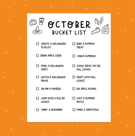 October is here, and so is the ultimate Halloween bucket list🎃👻! Get ready for a month filled with spooky fun, from pumpkin carving to haunted movie nights, apple picking, and so much more. ✨ Download your printable checklist and start ticking off those festive activities! Link in my bio! Perfect for creating some fun fall memories. #HalloweenBucketList #SpookySeason #WildCovePrints #OctoberFun Haunted Movie, Halloween Bucket List, October Is Here, Festive Activities, Pumpkin Leaves, October Halloween, Printable Checklist, Easy Activities, Movie Nights