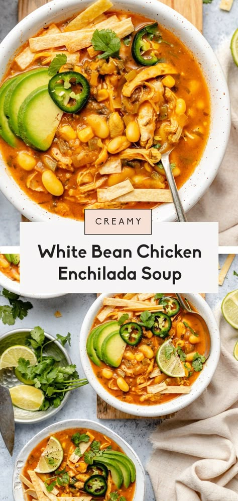 Cozy and delicious chicken enchilada soup made extra creamy thanks to blended white beans! There's no cream or dairy in this flavorful enchilada soup recipe, just wonderful veggies, lots of protein and warming spices. Serve with your favorite garnishes for the perfect lunch or dinner! #soup #chickensoup #healthydinner #healthylunch #glutenfreereipe White Bean Chicken Enchilada Soup, White Bean Enchilada Soup, White Enchilada Soup, Enchilada Stew, Macro Hacks, Creamy Chicken Enchilada Soup, Ambitious Kitchen Recipes, Enchilada Soup Recipe, Week Meals