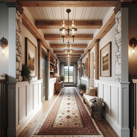 The hallway should feature natural elements like wooden beams and stone accents. The walls should be adorned with white wainscoting and the floor should be hardwood, covered partially with a vintage-inspired rug. Make sure to include modern light fixtures gracing the ceiling and a few antique pieces of furniture placed tastefully. The window at the end of the hallway should allow the natural light to brighten up the space. This image should serve as an inspiration for a remodeling project. Hallway With Wood Beams, Wide Hallway Ideas, Cozy Hallway, Wooden Hallway, Hallway Design Ideas, Wood Block Flooring, Rustic Hallway, Hallway Design, Rustic Traditional