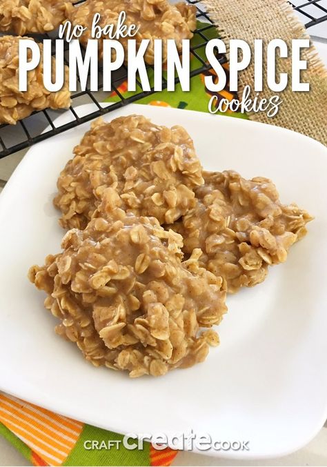 Get a fast pumpkin fix with these amazing Pumpkin Spice No Bake Cookies! These cookies are perfect for a Halloween or Thanksgiving treat! You will love the pumpkin flavor! #craftcreatecook #recipes #pumpkincookies #nobake #dessert #cookies #pumpkinrecipes Pumpkin Spice No Bake Cookies With Pudding, Pumpkin Spice No Bake Cookies, Pumpkin Spice Cookies Recipe, Pumpkin No Bake Cookies, Spice Cookies Recipe, No Bake Cookies Recipe, No Bake Pumpkin, Perfect Cookies, Pumpkin Spice Cookies