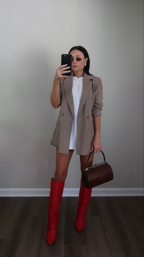 plaid blazer oversixed t shirt red knee high boots fall 2023 outfit inspo | casusl ootd | fall 2023 fashion | red boots outfit inspo | fall fashion | fall trends #ad Red Boots Winter Outfit, Red Knee Boots Outfit, Knee High Red Boots Outfit, Red Boot Outfit Fall, Fall Fashion 2023 Red, Red Fall Outfits 2023, Red Shoes Fall 2023, Red For Fall 2023, Knee High Boots Outfit Fall 2023