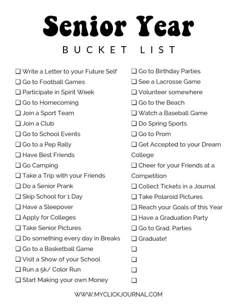 Bucket List Ideas For School, Things You Need For Senior Year, Things To Do In Last Year Of School, 100 Things To Do Before High School List, Future Bucket List, Senior Year Bucket List High School, Highschool Bucket List Things To Do, Senior High School Supplies, Bucket List This Year