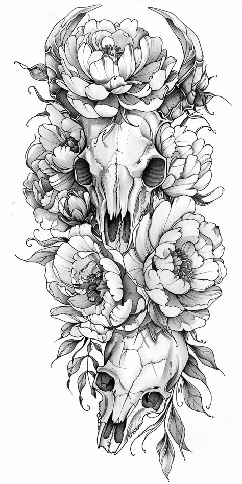 Tattoo Half Sleeve: Peonies and Animal Skull Check more at https://ideatatto.com/animals/tattoo-half-sleeve-peonies-and-animal-skull/ Peony With Skull Tattoo, Back Skull Tattoo Women, Lotus Flower And Skull Tattoo, Hip Skull Tattoos Women, Skull And Flower Back Tattoo, Tattoo Design Drawings Skull, Skull And Leaves Tattoo, Skeletal Animal Tattoos, Thick Lined Tattoos