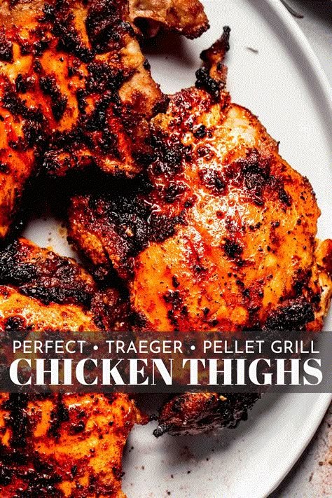 Learn how to make smoky and succulent BBQ chicken thighs with this easy Traeger Chicken Thighs recipe. It works with bone-in or boneless thighs, can be adapted for any pellet grill, and leaves you with wood-smoked chicken every time. Chicken Thighs Traeger, Traeger Grill Recipes Chicken, Traeger Chicken Thighs, Pellet Grilled Chicken, Smoker Recipes Chicken, Traeger Chicken, Recipes Chicken Thighs, Recipes Chicken Wings, Smoked Chicken Recipes