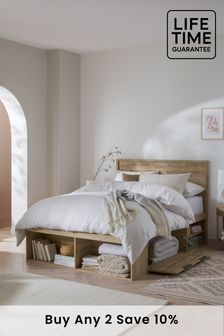 Platform Bed Frame With Storage, Wooden Bed With Storage, Light Wood Bed, Double Bed With Storage, Storage Bed Queen, Oak Bed Frame, Bed Frame Design, Oak Beds, Oak Bedroom