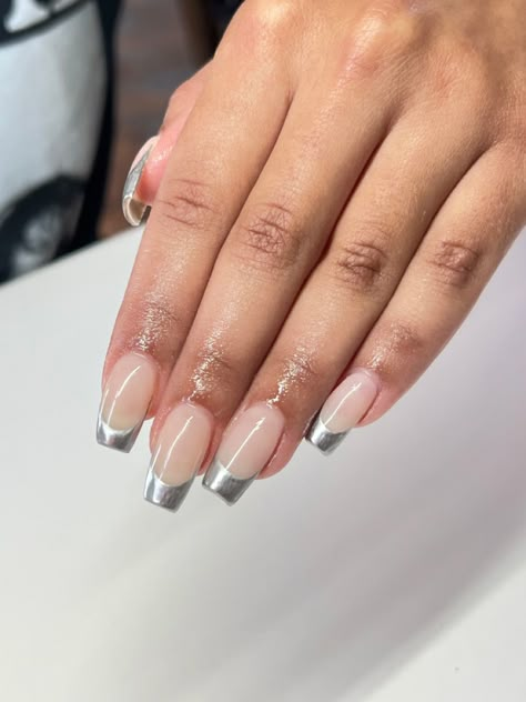 Chrome French Tips Coffin, Mirror French Tip Nails, Silver Ballerina Nails, Silver French Nails Square, Metallic Nails French Tips Square, Chrome French Tip Nails By Skin Tone Range, Metallic Tips Nail, French Tip Nails Glitter Outline, Chrome Silver Tip Nails