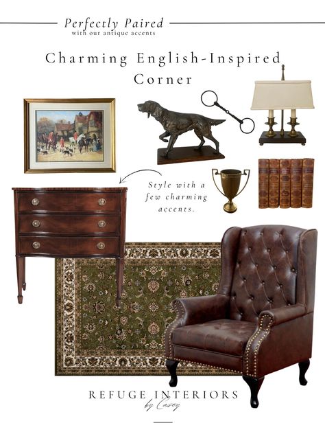 Charming English-Inspired Corner — Refuge Interiors by Casey British Country Home Interiors, Antique Equestrian Decor, Equestrian Office Ideas, Interior English Style, Ralph Lauren Living Room English Country, Ralph Lauren Family Room, Country Club Decor Style, English Farmhouse Aesthetic, English Countryside Home Decor