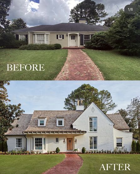 Painted Brick Ranch, Ranch House Remodel, Best Exterior Paint, Ranch House Exterior, Glass Railings, House Before And After, Ranch Remodel, Farmhouse Renovation, Brick Ranch