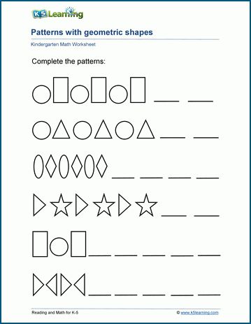 Free Preschool & Kindergarten Pattern Worksheets - Printable | K5 Learning Kindergarten Math Patterns, Preschool Pattern Worksheets, Patterns Worksheet, Pattern Worksheets For Kindergarten, Patterning Kindergarten, For Kindergarten, Preschool Patterns, Kindergarten Math Free, Kindergarten Math Worksheets Free