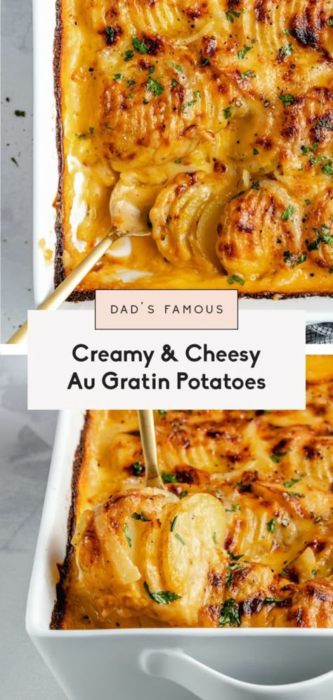 Cheesy, creamy au gratin potatoes made with three types of cheese for an incredible side dish everyone will love! My dad's famous au gratin potatoes recipe is easy to make and filled with cheesy goodness in every bite. Perfect for holidays or anytime you need a delicious, vegetarian side! #augratinpotatoes #cheese #potatoes #sidedish #thanksgiving #vegetarian Creamy Au Gratin Potatoes, Cheesy Au Gratin Potatoes, Au Gratin Potatoes Recipe, Gratin Potatoes Recipe, Thanksgiving Vegetarian, Gratin Recipes, Au Gratin Potato Recipes, Au Gratin Potatoes, Gratin Potatoes