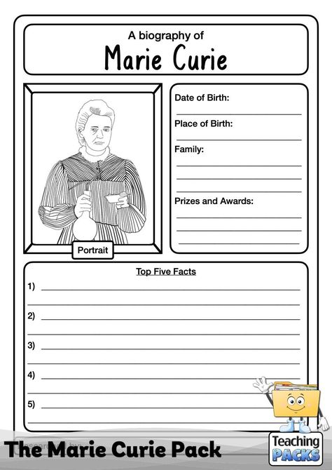 Learn about Marie Curie’s life and achievements with our bumper pack of teaching resources. It includes a comprehensive guide, biographies, comprehension tasks, timelines, activities, display materials and more! Biography Activities, Marie Curie Drawing, Marie Curie For Kids, Biography Research Graphic Organizer, Marie And Pierre Curie, Biography Graphic Organizer, Biography Activity, Biography Template, Writing A Biography