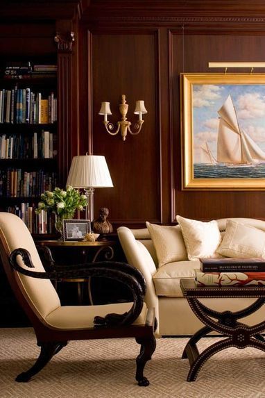 Elegant Library, Mahogany Paneling, Style Pinterest, Traditional Interior Design, Character Designer, Creative Home Decor, Arm Chairs, French Furniture, White Furniture