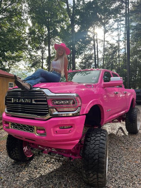 Ram Lifted Trucks, Pink Pickup Truck, Pink Truck Interior, Pink Cummins, Pink Lifted Trucks, Truck Poses, Squatted Trucks, Pink Trucks, Pink Truck Accessories