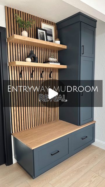 Natalie Park | DIY, Builds & Design on Instagram: "✨ ENTRYWAY MUDROOM REVEAL ✨

This space is officially done and I couldn’t be happier with how this custom build turned out! 🤩 I’m obsessed with the warm white oak contrasting with the rich dark blue/charcoal paint. It’s just too good! 

Every element of this entryway build is not just beautiful, but SO functional. From the deep white oak bench for sitting and putting shoes on, to the deep and shallow drawers for ALL the shoe storage, to the tall coat cabinet, to the additional storage cabinet above, to the floating shelves that can have extra baskets on, to the hooks for hanging bags, purses, and hats… I’d say it’s got it all 🙌🏻

Let me know what you think of this new addition to their entryway! 💙🤎🖤
.
.
.
.
.
#entrywaydesign #entrywa Mudroom Shelf Ideas, Shoe And Coat Cabinet Entryway, Entryway Cabinets Ideas, Entryway Cabinet And Bench, Hallway Storage With Bench, Mudroom Shoe Storage Bench, Small Built In Drop Zone, Mudroom Drawer Bench, Mudroom Coat And Shoe Storage