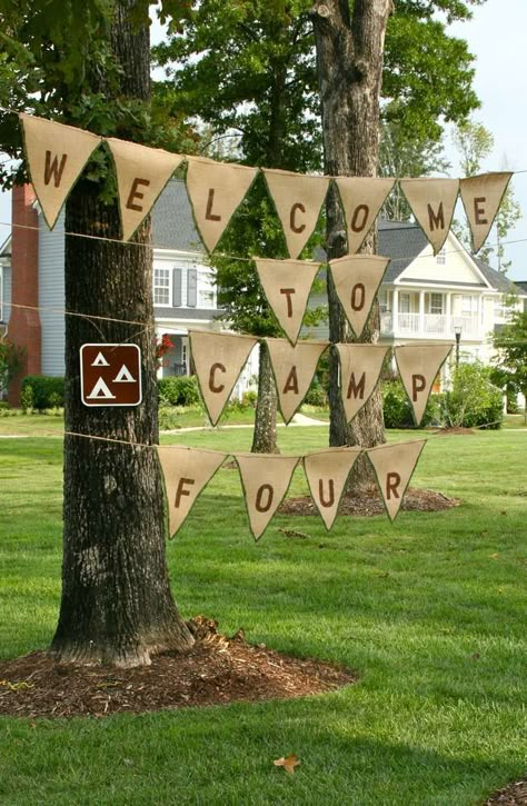 Summer Camp Birthday Party Ideas | Photo 3 of 30 Adult Camping Party, Summer Camp Party, Camp Banner, Camp Out Party, Decor Photobooth, Camping Party Ideas, Camp Vbs, Campfire Party, Camp Birthday