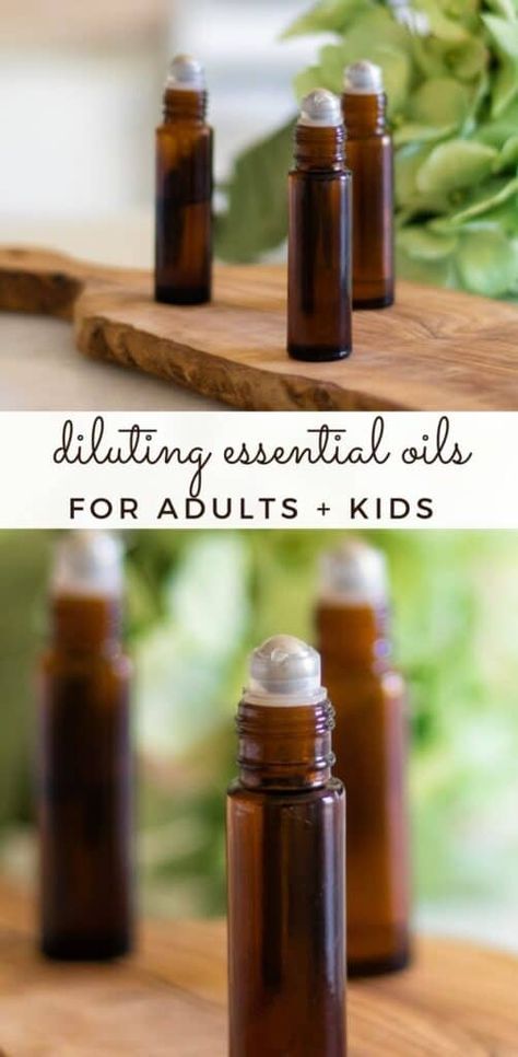 Essential oils are very concentrated and need to be diluted in order to use them safely. Learn how to dilute essential oils properly for adults and kids. #dilutingessentialoils #howtodiluteessentialoils #essentialoils #rollerbottles Oil Dilution Chart, Essential Oil Dilution Chart, Essential Oil Roller Bottle Blends, Dilute Essential Oils, Essential Oil Roller Bottle Recipes, Marjoram Essential Oil, Roman Chamomile Essential Oil, Copaiba Essential Oil, Roller Bottle Recipes