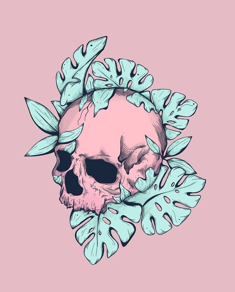 5,676 Me gusta, 12 comentarios - Skull_addicts 💀🦇 (@skull_addicts) en Instagram: "Botanical Skull🖤🔥🔥🔥💀 💀 Artworks by @jess.adams.creates . . . . . . . . . . . . #gothgoth #gothgirl…" Skull With Leaves, Cute Skull Drawing, Skulls Illustration, Skull Illustration, Pink Skull, Skeleton Art, My Art Style, Skull Drawing, Skull Wallpaper