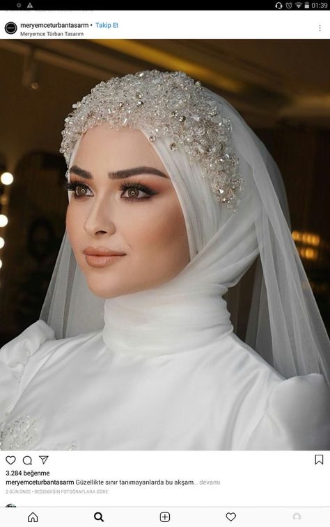 Hijab Wedding Makeup, Headpiece Wedding Hijab, Muslimah Wedding Dress Brides Hijab Styles, Make Up Wedding Hijab, Wedding Hijab Styles Simple, Hijab Do Wedding, Bride Hijab Style, Wedding Makeup Hijab, Hijab Style For Wedding