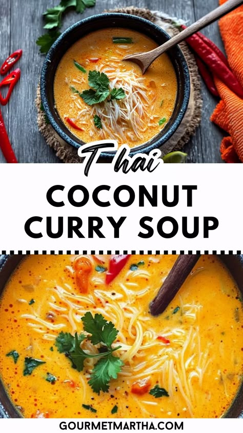 Warm up with a bowl of this Thai Coconut Curry Soup, a perfect balance of creamy coconut milk, spicy curry, and fresh vegetables. This comforting dish is a flavor-packed adventure, bringing authentic Thai flavors right to your kitchen. Get inspired in the kitchen – grab the recipe now #ThaiCurrySoup #CoconutCurry #ThaiSoup #ComfortFood #EasyRecipes #SpicySoup #HealthyEating #SoupSeason #DinnerIdeas #AsianCuisine Thai Coconut Curry Noodle Soup, Thai Curry Vegetable Soup, Creamy Coconut Soup, Thai Coconut Shrimp Soup, Fish Curry Recipe Coconut, Curry Coconut Soup, Thai Chicken Curry Soup, Coconut Curry Noodle Soup, Spicy Vegetable Soup