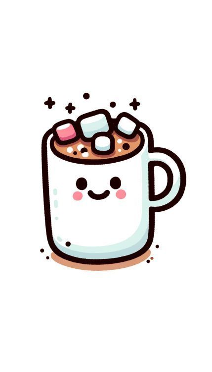 Draw a classic hot chocolate mug with a broad, smiling face on the front. Fill the mug with rich, dark hot chocolate, and add a generous amount of colorful marshmallows on top. Make sure the mug has a simple handle on the side, and outline the drawing with a thick, clear line for a whimsical touch. Cartoon Hot Chocolate, Cute Hot Chocolate Drawing, Chocolate Drawing Aesthetic, Cute Mug Drawing, Easy Food To Draw, Hot Chocolate Doodle, How To Draw A Coffee Cup, Cute Food Drawings Aesthetic, Food Easy Drawing