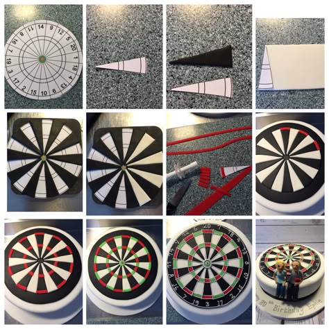 Dartboard Cake Tutorial 1. Find a suitable template (there are loads online) and… Dart Themed Party, Dart Cake Ideas, Darts Birthday Cake, Dartboard Cake Template, Dartboard Cake, Dart Svg Free, Play Darts, Sports Themed Cakes, Cake Templates