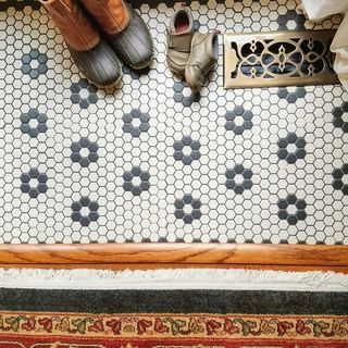 1940s Kitchen Floor Tile, Laundry Room Penny Tile Floor, Hexagon Tile Mudroom Floor, Cottagecore Tile Floor, Vintage Bathroom Flooring, Vintage Kitchen Floor Tile, 1950s Kitchen Floor, Penny Tile Entry, Vintage Kitchen Flooring