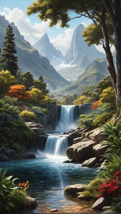 Calming Pictures, Mountain Waterfall, Beautiful Ocean Pictures, Landscape Paintings Acrylic, Landscape Art Painting, Beautiful Images Nature, Great Paintings, Nature Art Painting, Fantasy Art Landscapes