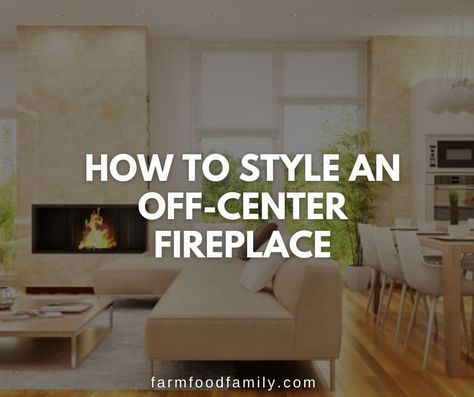 Off Center Fireplace Furniture Placement, Fireplace Between Dining And Living Room, Living Room Off Center Fireplace, Off Center Fireplace Living Room, Asymetrical Fireplace Living Room, Couch Back To Fireplace, Awkward Fireplace Placement, Narrow Family Room With Fireplace, Side Fireplace Living Room