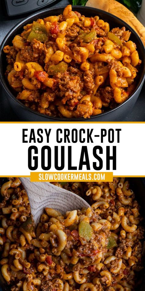 Close up of American goulash in a Crock-Pot. Crock Pot Goulash, Slow Cooker Goulash Recipes, Slow Cooker Goulash, Goulash Slow Cooker, Crockpot Goulash Recipe, Cooking Ground Beef, Crockpot Goulash, Easy Goulash Recipes, Macaroni Noodles