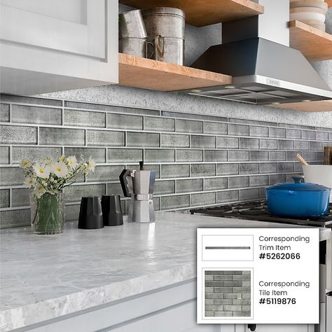 Apollo Tile 10-Pack Mink Gray 1/2-in x 12-in Glass Pencil Tile (0.5-sq. ft/ Carton) APLSRA88P14A at Lowes.com Grey Backsplash Kitchen, Pencil Tile, Subway Mosaic, Modern Tile Designs, Kitchen Update Ideas, Grey Backsplash, Tiles Backsplash, Gorgeous Tile, Glass Tile Backsplash